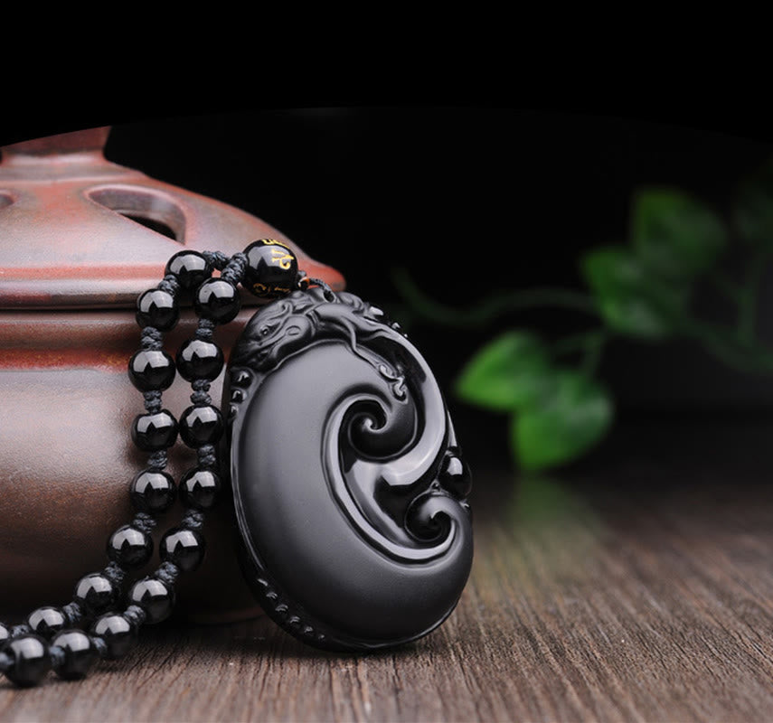 Collier pendentif en obsidienne noire PiXiu Force