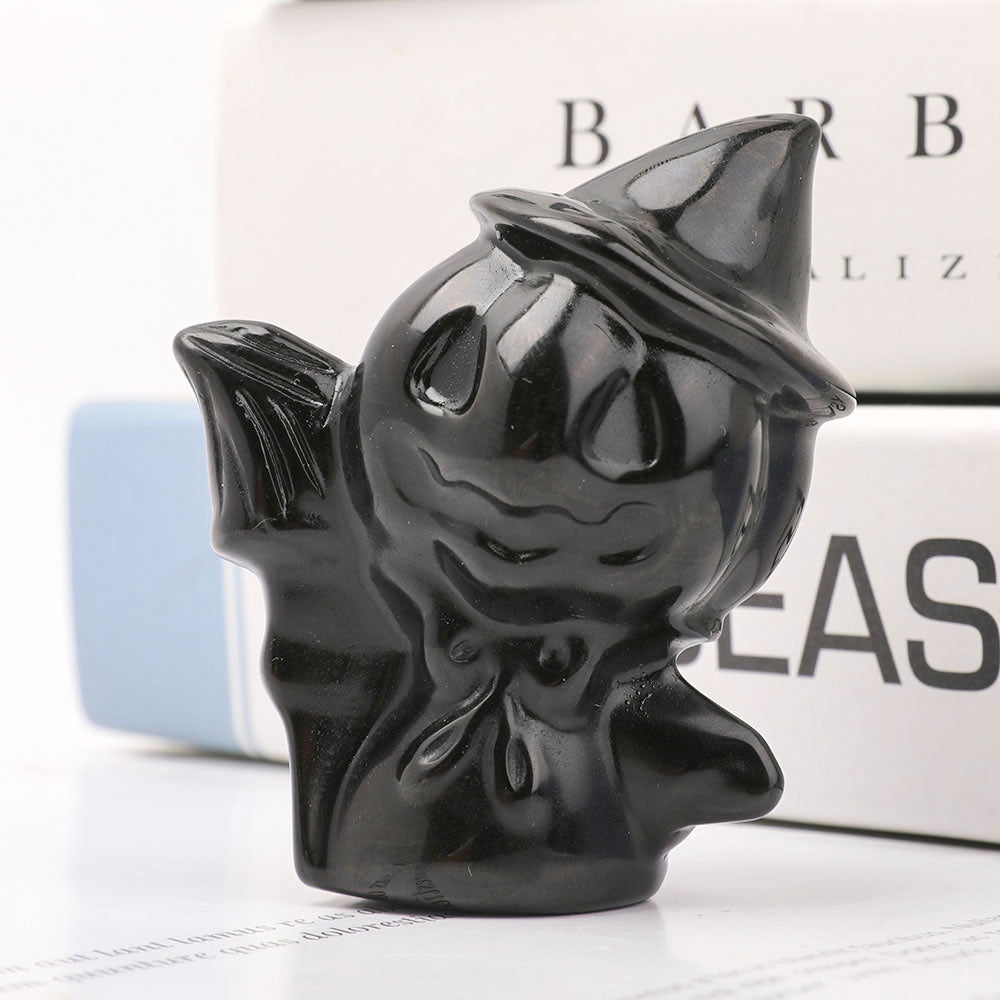 Black Obsidian Pumpkin Wizard Crystal Figurine 2.7 Inch