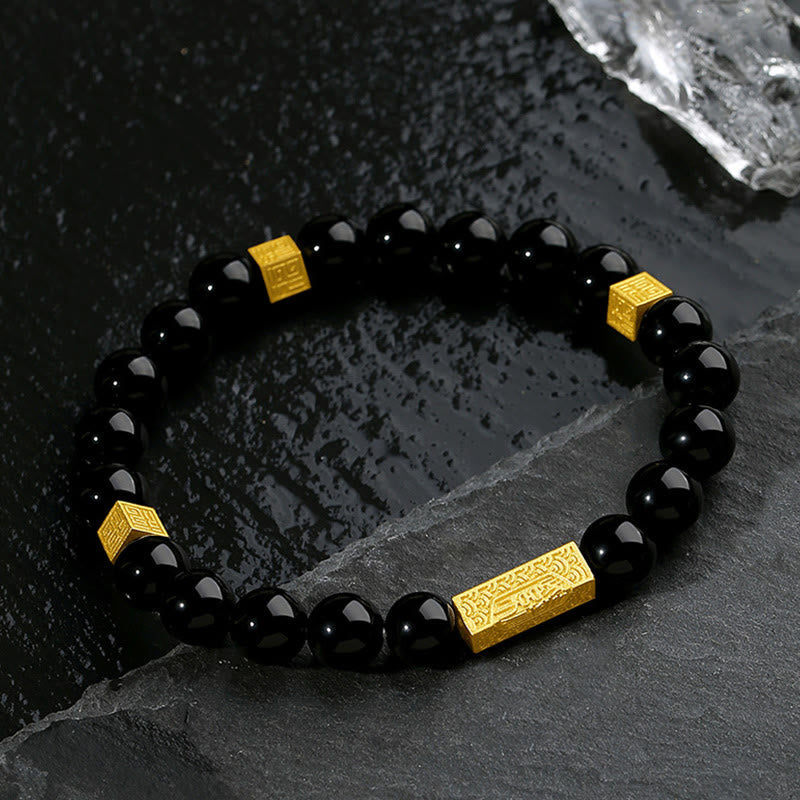 Bracelet de force en argent sterling et obsidienne noire