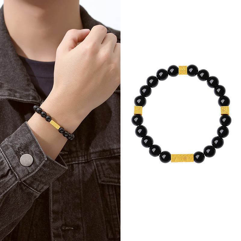 Bracelet de force en argent sterling et obsidienne noire