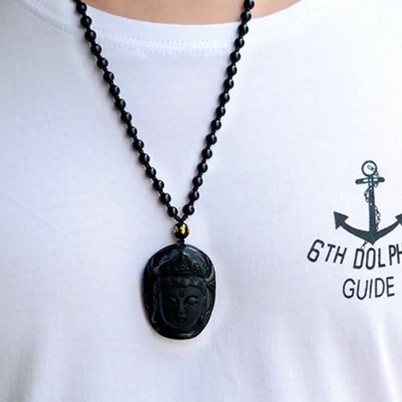 Collier de force en obsidienne noire avec pendentif Avalokitesvara