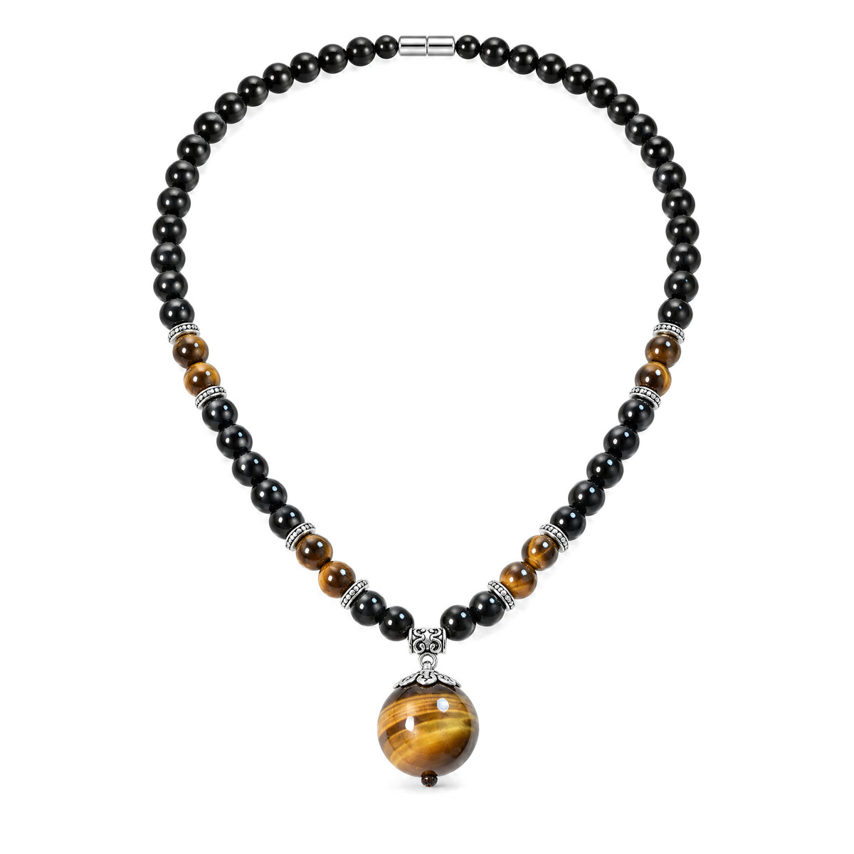 Black Obsidian Tiger Eye Necklace for Protection & Strength, Black Obsidian Tiger Eye, on a white background