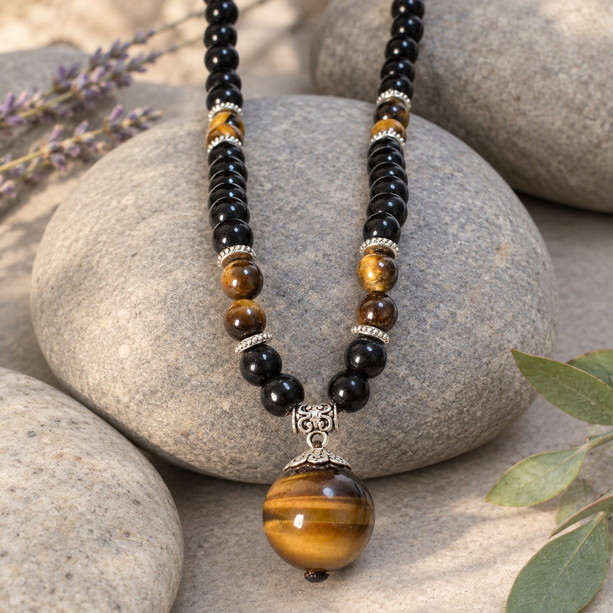 Black Obsidian Tiger Eye Necklace for Protection & Strength, close-up of the pendant and hanging strand