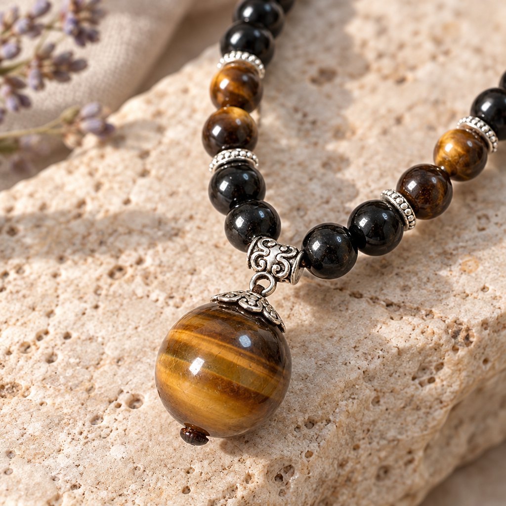 Black Obsidian Tiger Eye Necklace for Protection & Strength, close-up of the material and finish