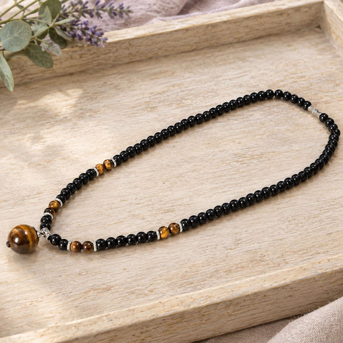 Black Obsidian Tiger Eye Necklace for Protection & Strength, necklace laid flat