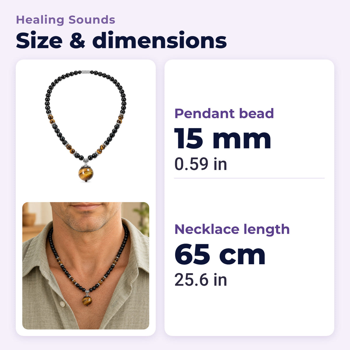 Black Obsidian Tiger Eye Necklace for Protection & Strength, size and dimensions in millimetres and inches