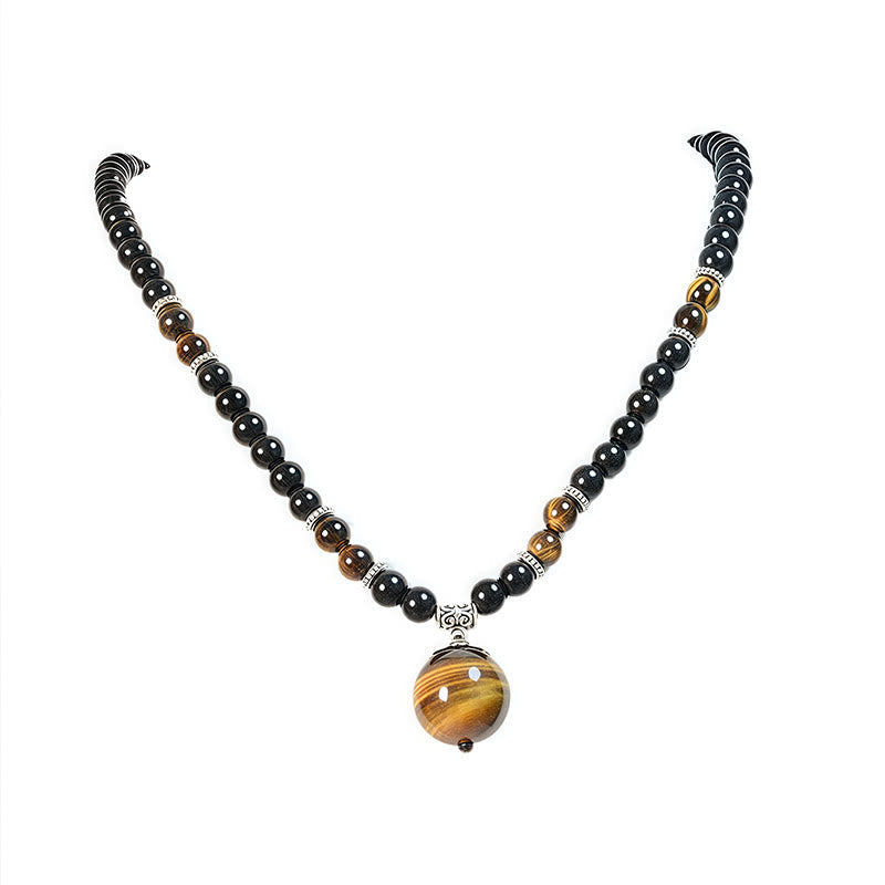 Collier en obsidienne noire œil de tigre pour la protection et la force