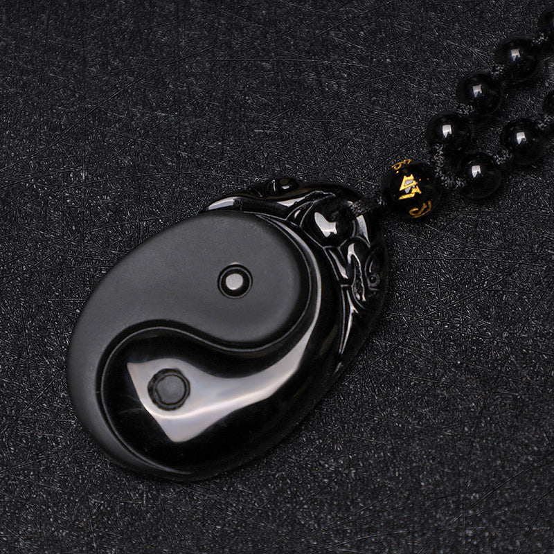 Collier pendentif Yin Yang en obsidienne noire, symbole de la force et de l'accomplissement