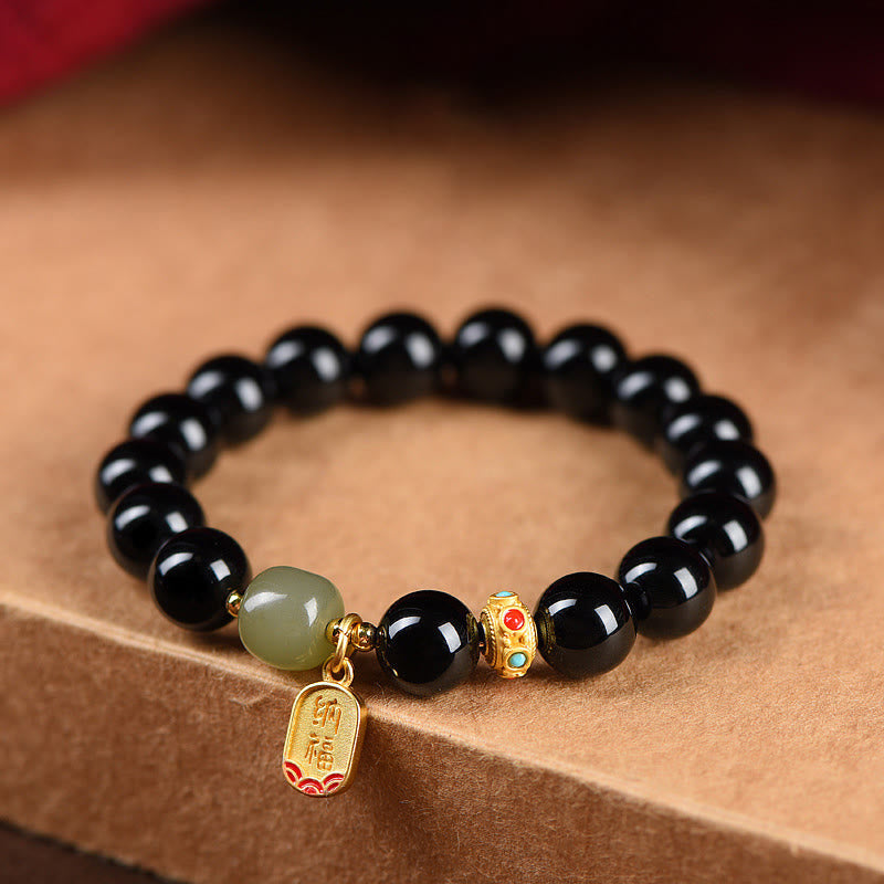 Bracelet porte-bonheur en onyx noir et jade Hetian 8 mm