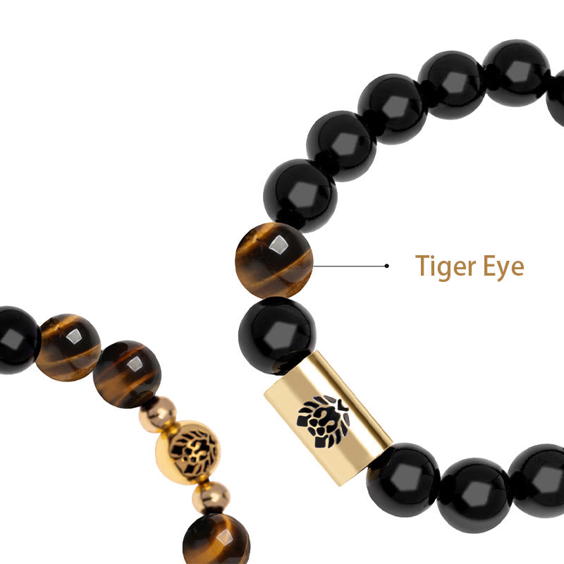 Bracelet de protection en onyx noir et œil de tigre avec perle de lion