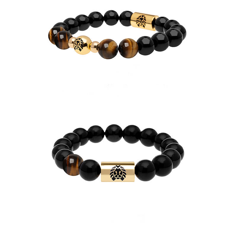 Bracelet de protection en onyx noir et œil de tigre avec perle de lion