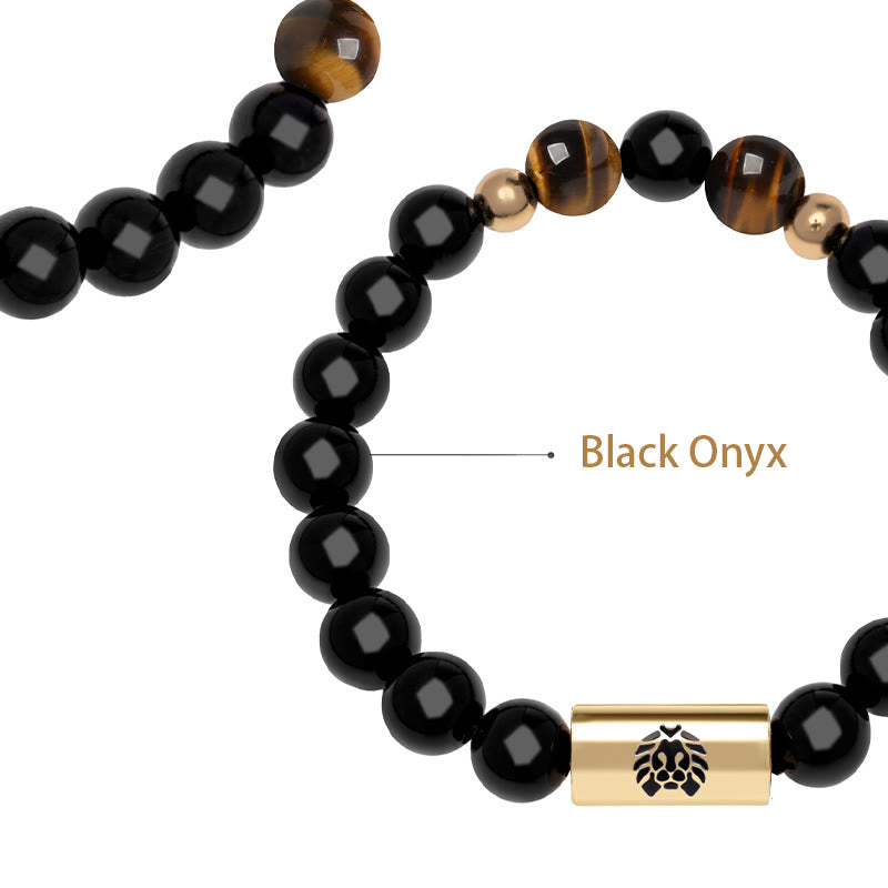 Bracelet de protection en onyx noir et œil de tigre avec perle de lion