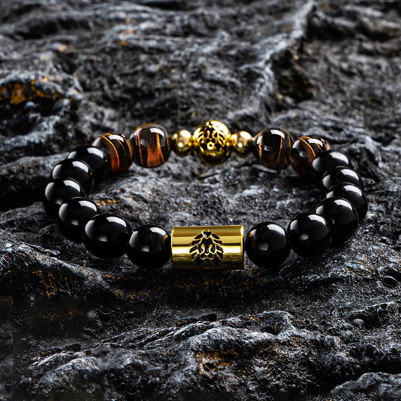 Bracelet de protection en onyx noir et œil de tigre avec perle de lion
