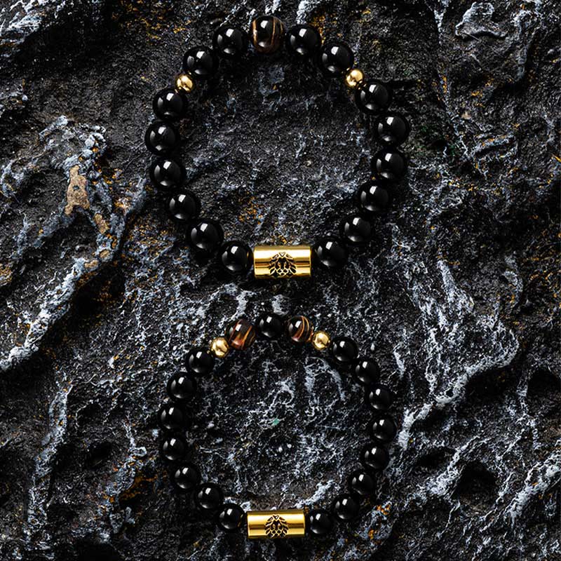 Bracelet de protection en onyx noir et œil de tigre avec perle de lion