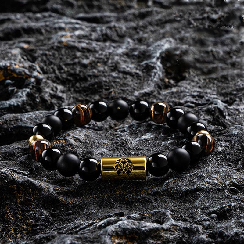 Bracelet de protection en onyx noir et œil de tigre avec perle de lion