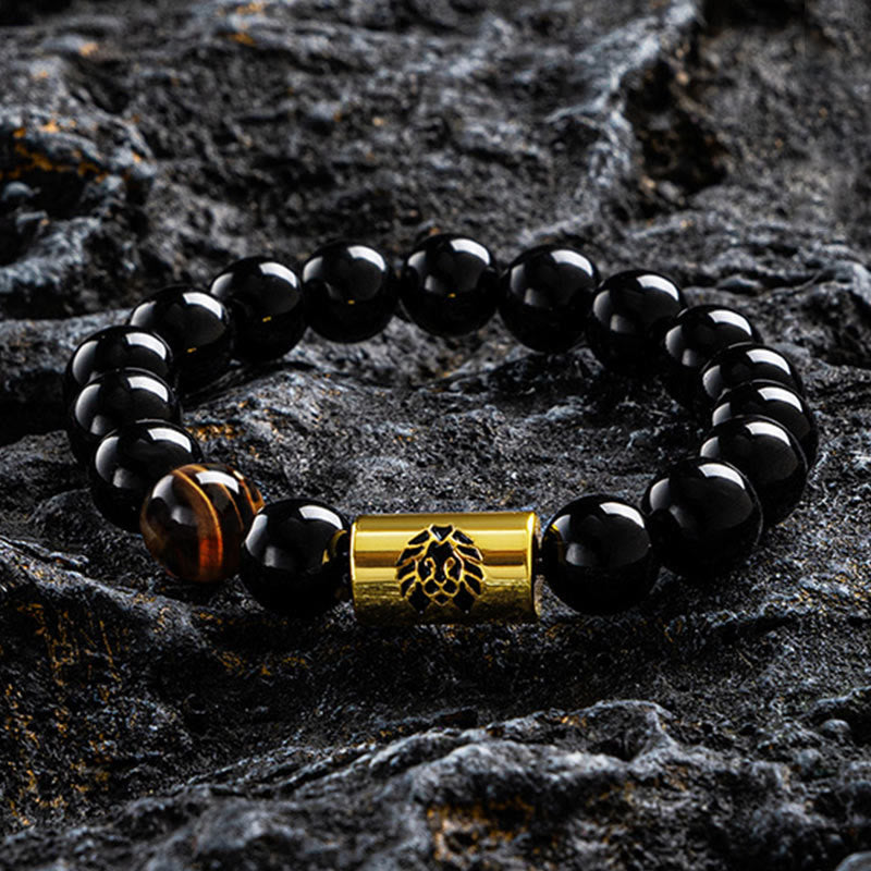 Bracelet de protection en onyx noir et œil de tigre avec perle de lion