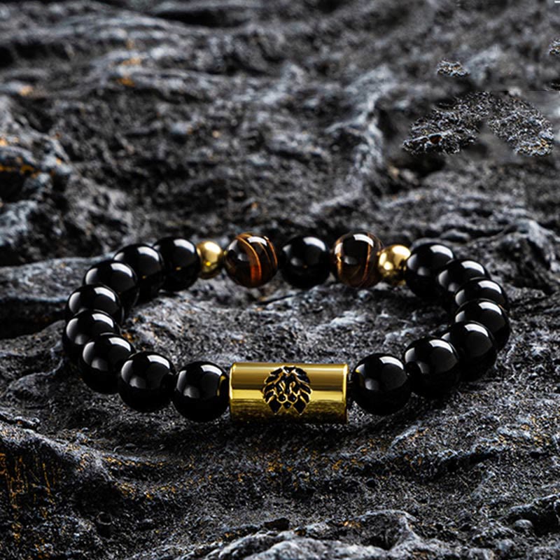 Bracelet de protection en onyx noir et œil de tigre avec perle de lion