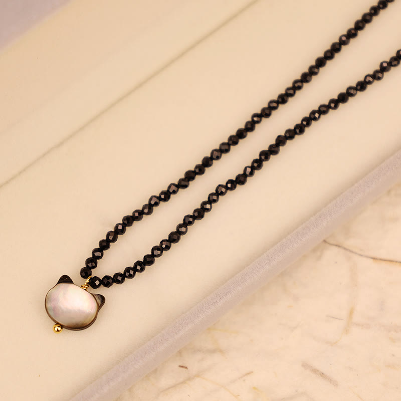 Collier ras du cou motif chat spinelle noir 38 cm