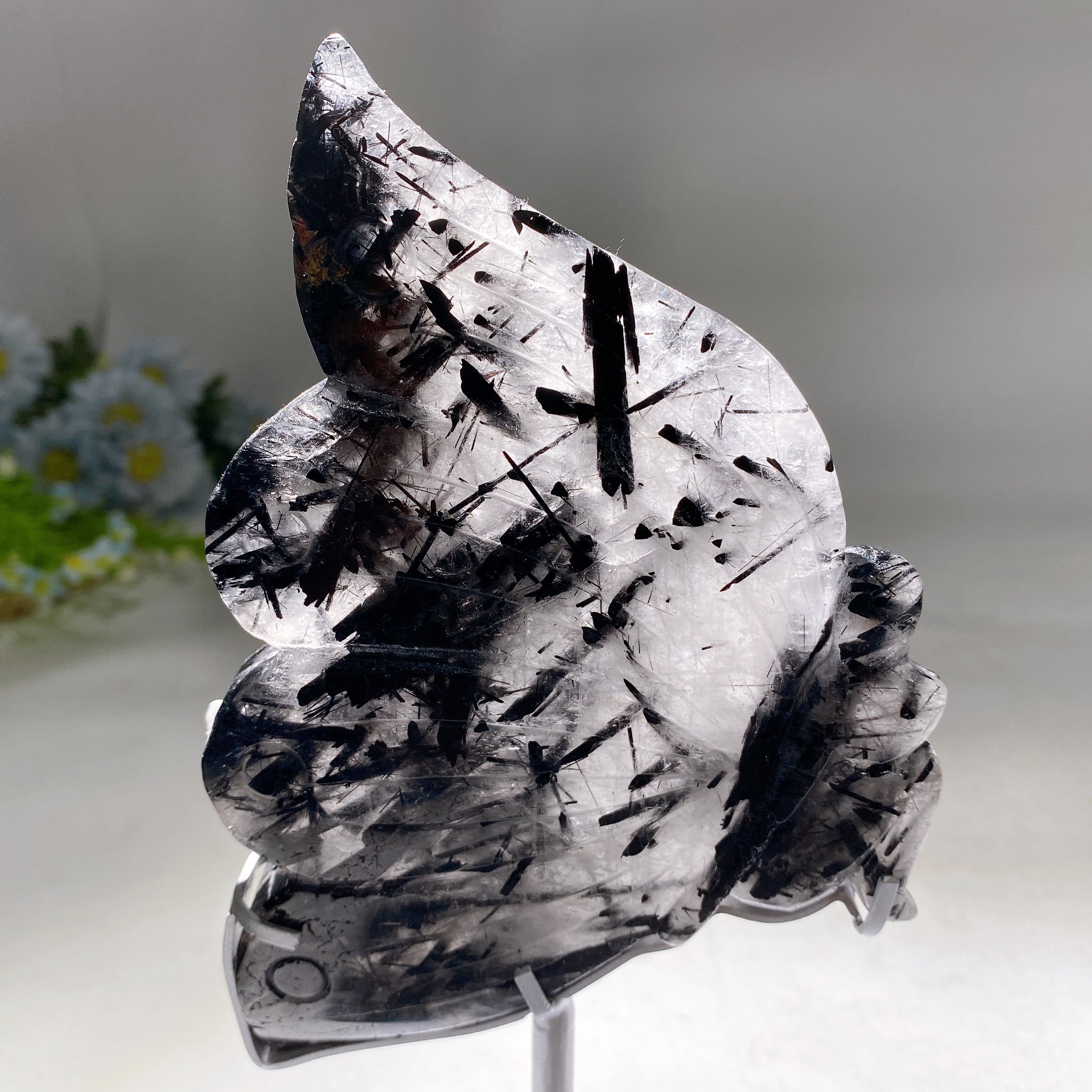 Black Tourmaline in Quartz Butterfly Figurine 6.2" Healing Carving