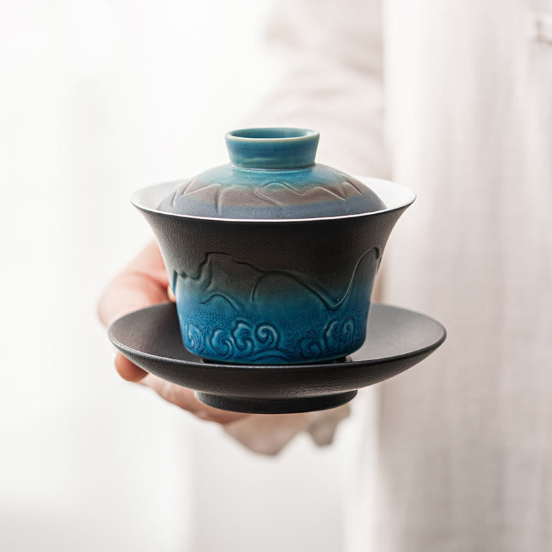 Tasse à thé Gaiwan en céramique dégradé bleu-noir | Capacité : 120 ml