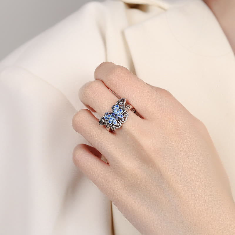 Bague spirituelle en cuivre papillon bleu pour l'amour et la transformation