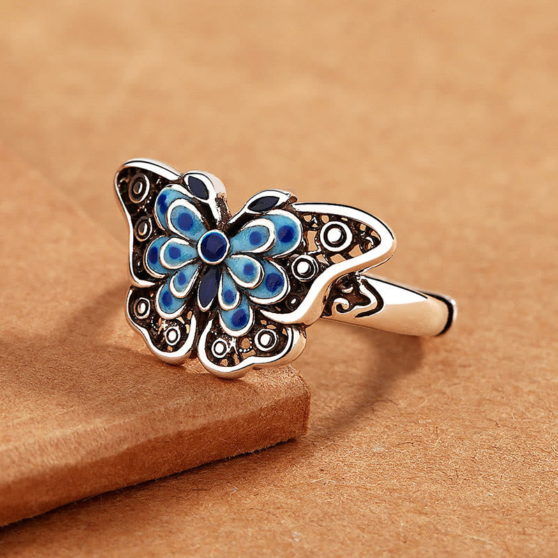 Bague spirituelle en cuivre papillon bleu pour l'amour et la transformation