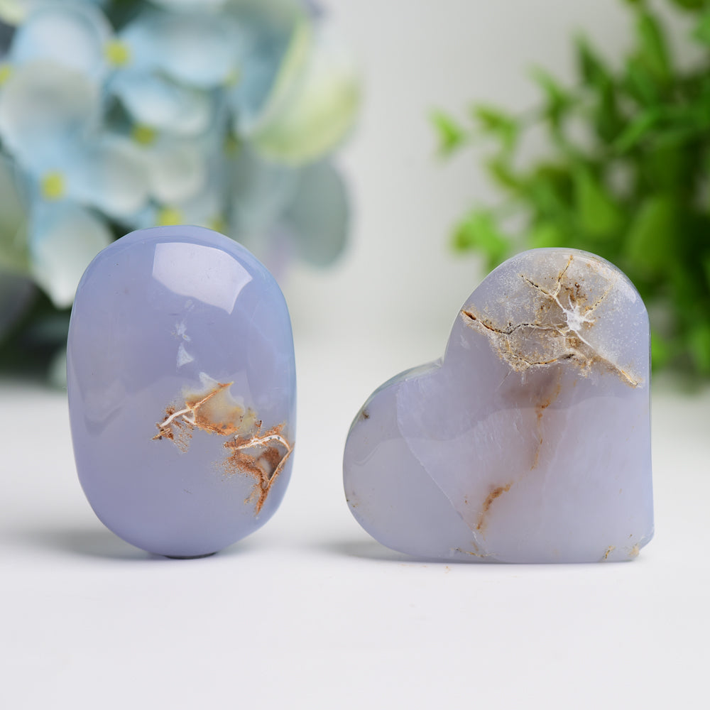 Blue Chalcedony 2-2.5 Inch Heart & Palm Stone Healing Crystal