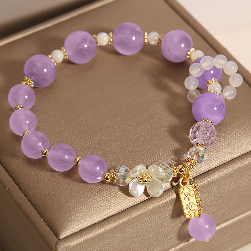 Bracelet de guérison en cristal bleu, améthyste, calcédoine et fleur 14-16 cm
