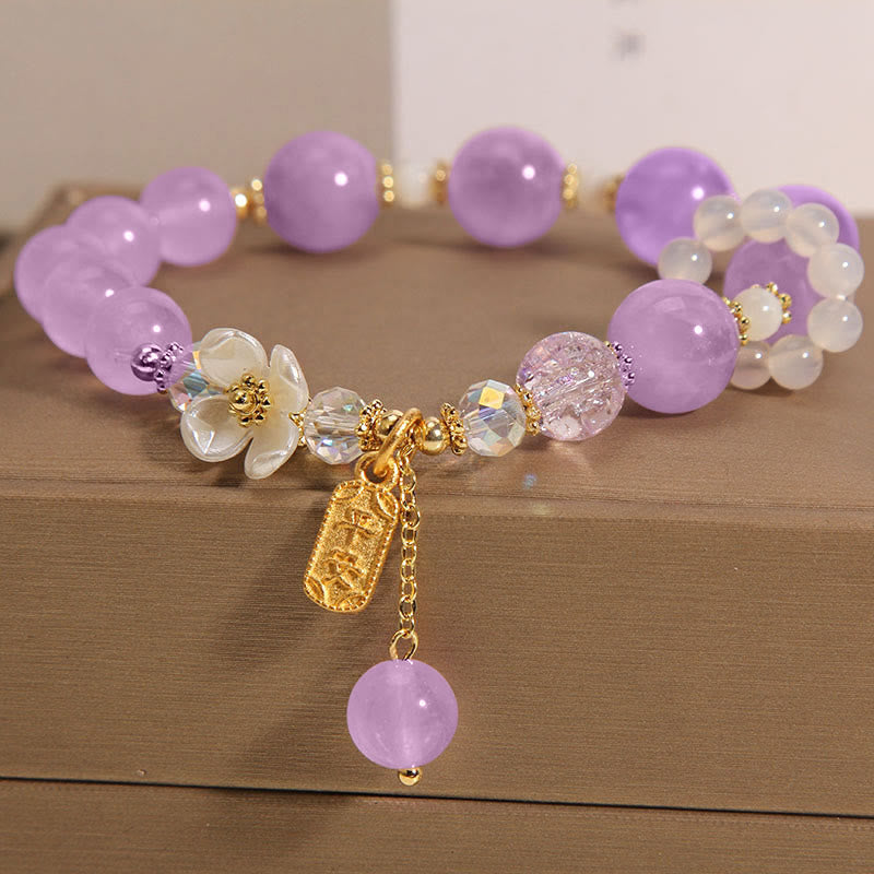 Bracelet de guérison en cristal bleu, améthyste, calcédoine et fleur 14-16 cm
