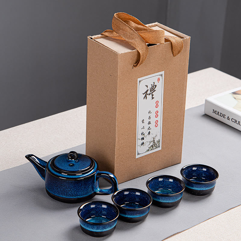 Ensemble de théières Gongfu en céramique dégradé bleu pour une décoration zen