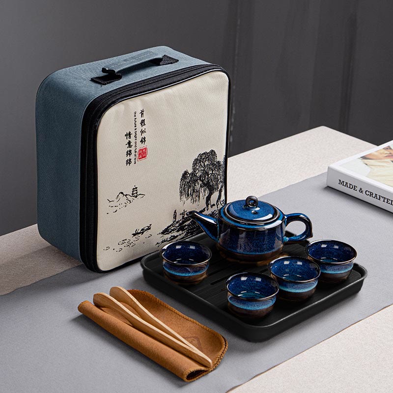 Ensemble de théières Gongfu en céramique dégradé bleu pour une décoration zen