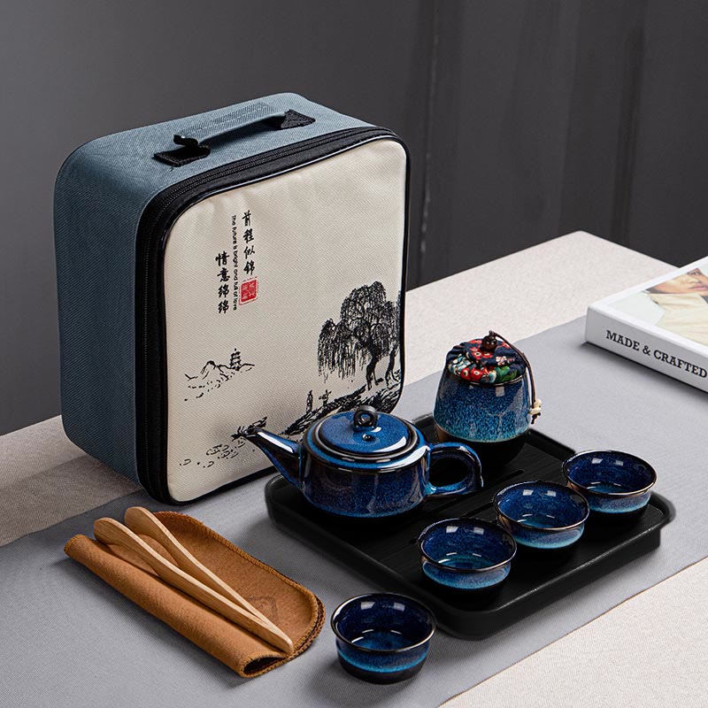 Ensemble de théières Gongfu en céramique dégradé bleu pour une décoration zen