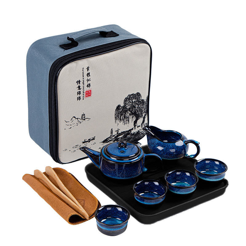 Ensemble de théières Gongfu en céramique dégradé bleu pour une décoration zen