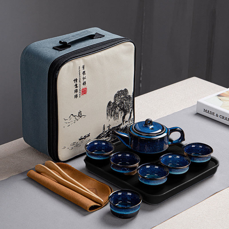 Ensemble de théières Gongfu en céramique dégradé bleu pour une décoration zen