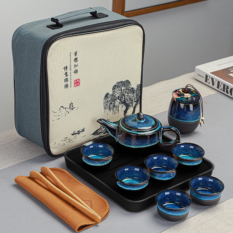 Ensemble de théières Gongfu en céramique dégradé bleu pour une décoration zen