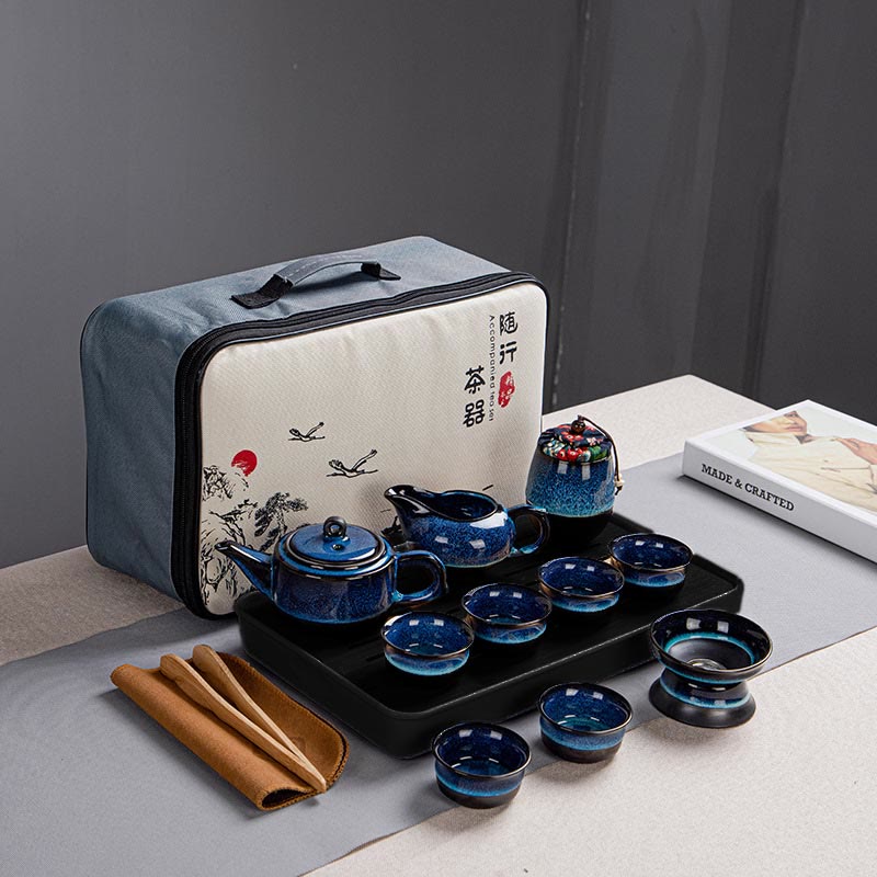 Ensemble de théières Gongfu en céramique dégradé bleu pour une décoration zen