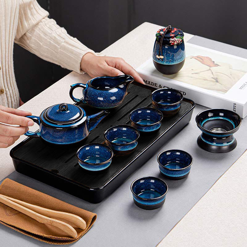 Ensemble de théières Gongfu en céramique dégradé bleu pour une décoration zen