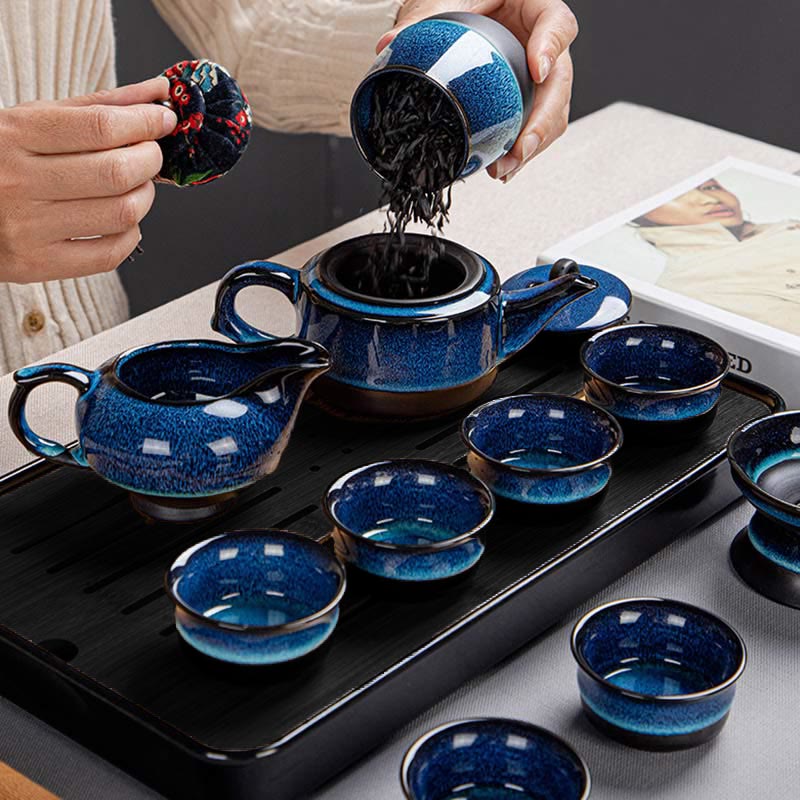 Ensemble de théières Gongfu en céramique dégradé bleu pour une décoration zen