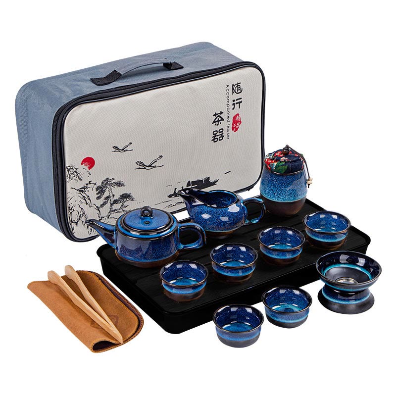 Ensemble de théières Gongfu en céramique dégradé bleu pour une décoration zen