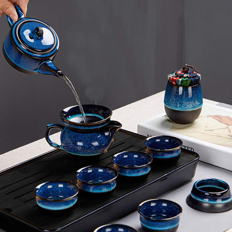 Ensemble de théières Gongfu en céramique dégradé bleu pour une décoration zen