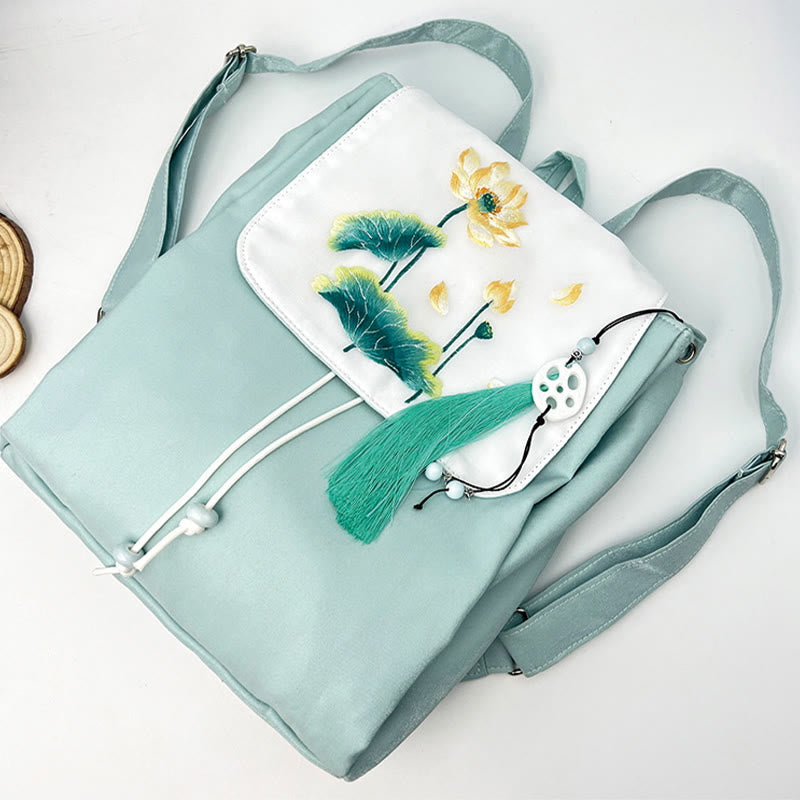 Sac à dos en toile brodée Lotus bleu | Sac de yoga
