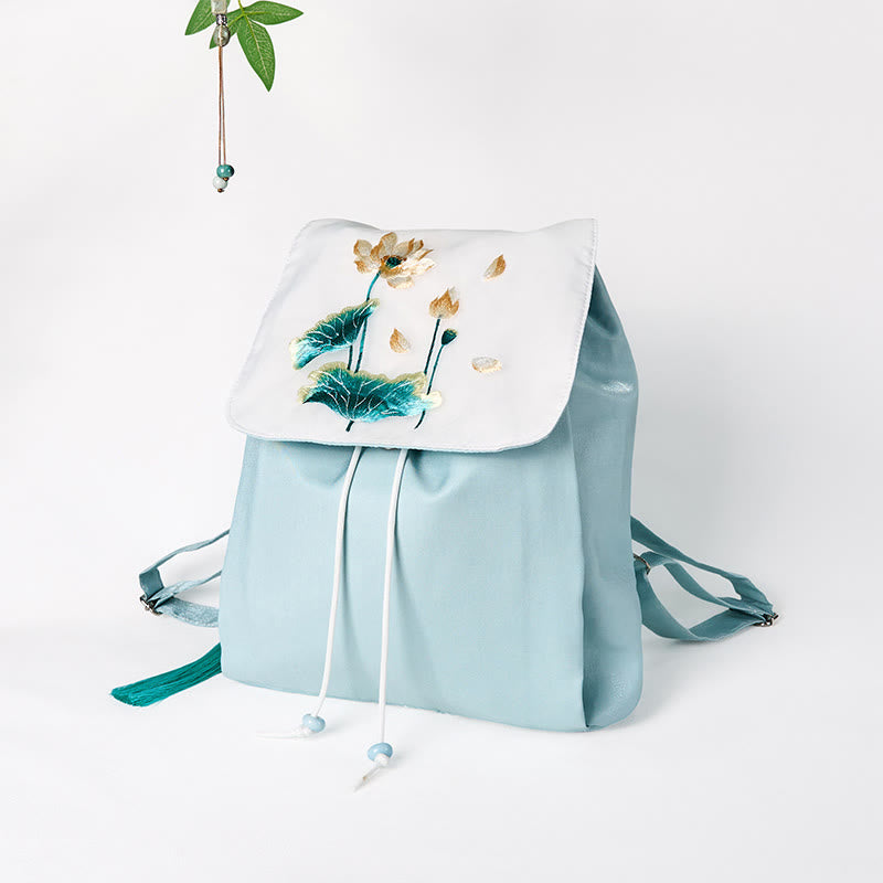 Sac à dos en toile brodée Lotus bleu | Sac de yoga