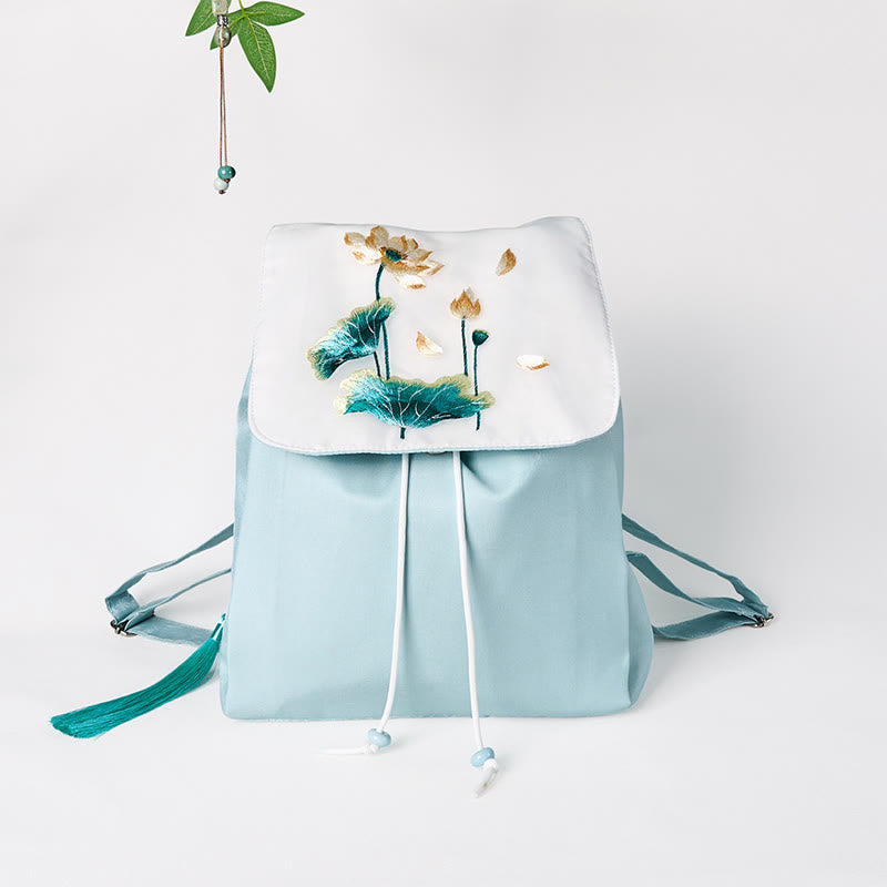 Sac à dos en toile brodée Lotus bleu | Sac de yoga