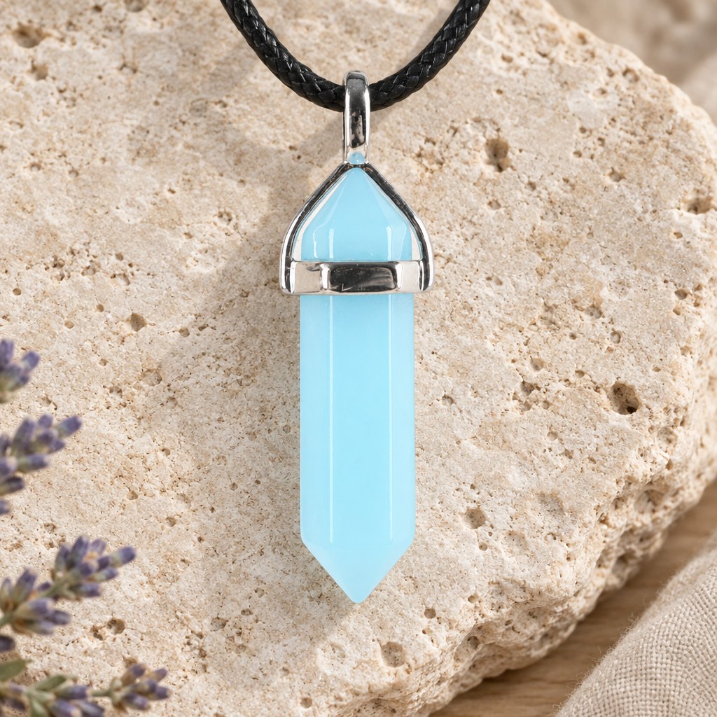 Blue Luminous Spiritual Pendant 1-1/2 inch Healing Crystal, front close-up of the pendant