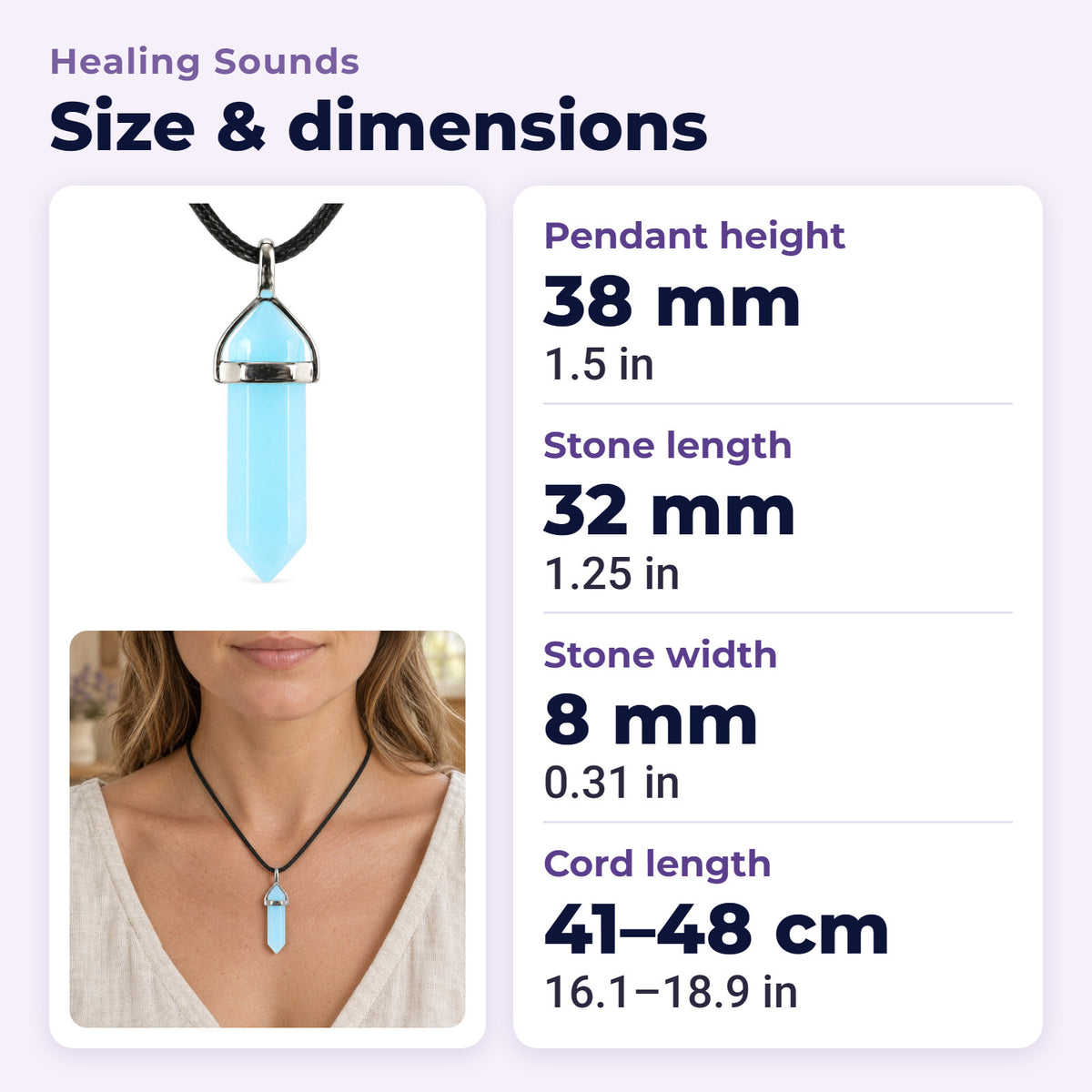 Blue Luminous Spiritual Pendant 1-1/2 inch Healing Crystal, size and dimensions in millimetres and inches