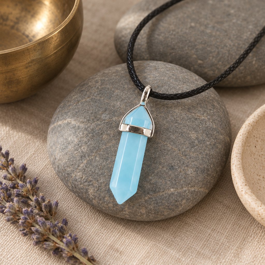 Blue Luminous Spiritual Pendant 1-1/2 inch Healing Crystal, styled with a singing bowl and lavender