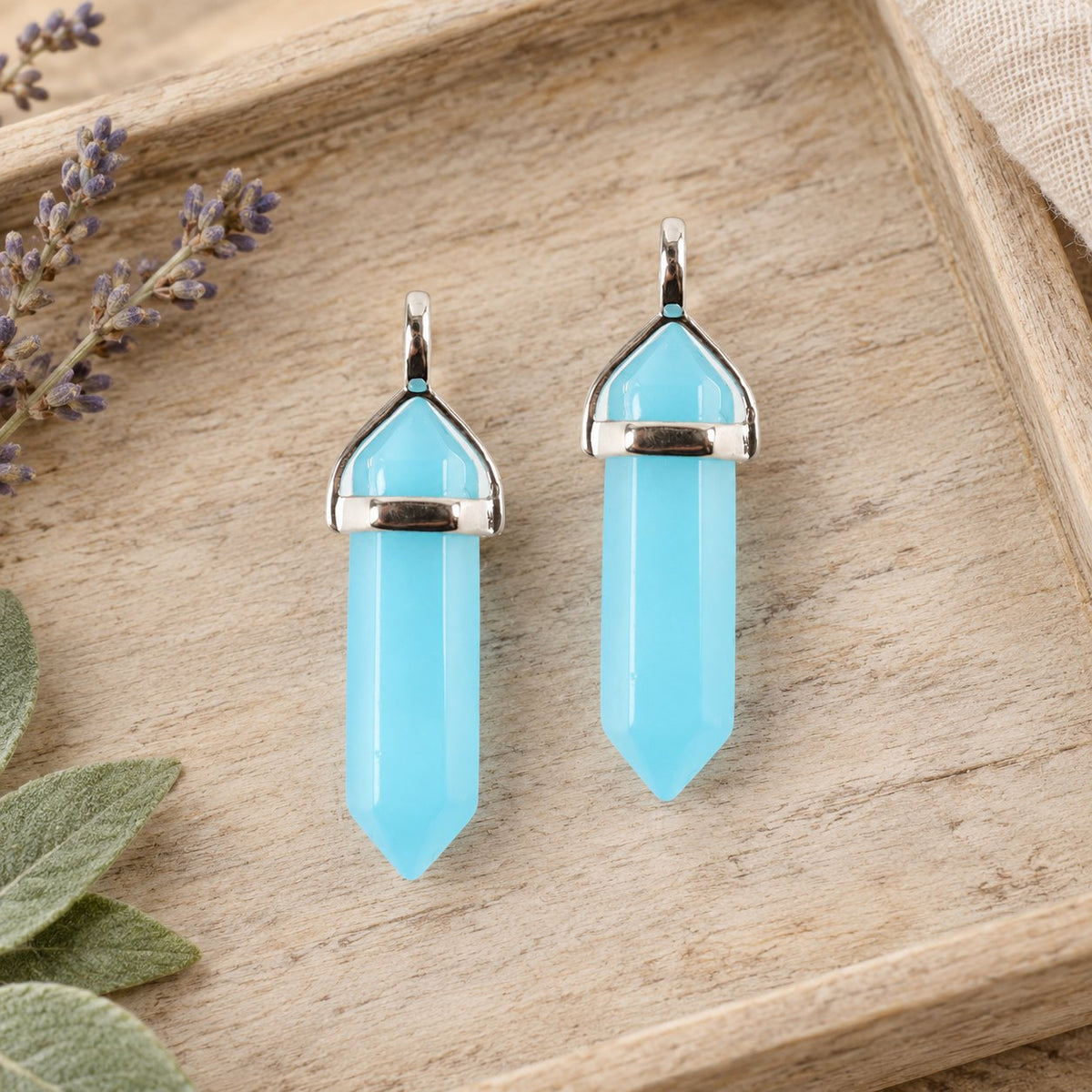 Blue Luminous Spiritual Pendant 1-1/2 inch Healing Crystal, two pendants side by side
