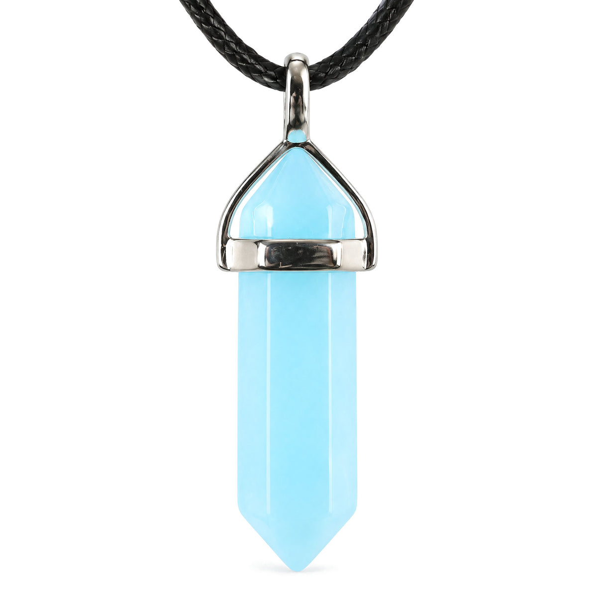 Blue Luminous Spiritual Pendant 1-1/2 inch Healing Crystal, on a white background