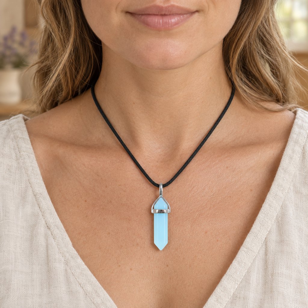 Blue Luminous Spiritual Pendant 1-1/2 inch Healing Crystal, worn on the neck by a woman