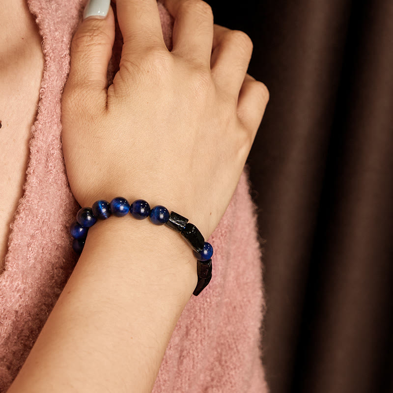 Bracelet de force en œil de tigre bleu et tourmaline noire